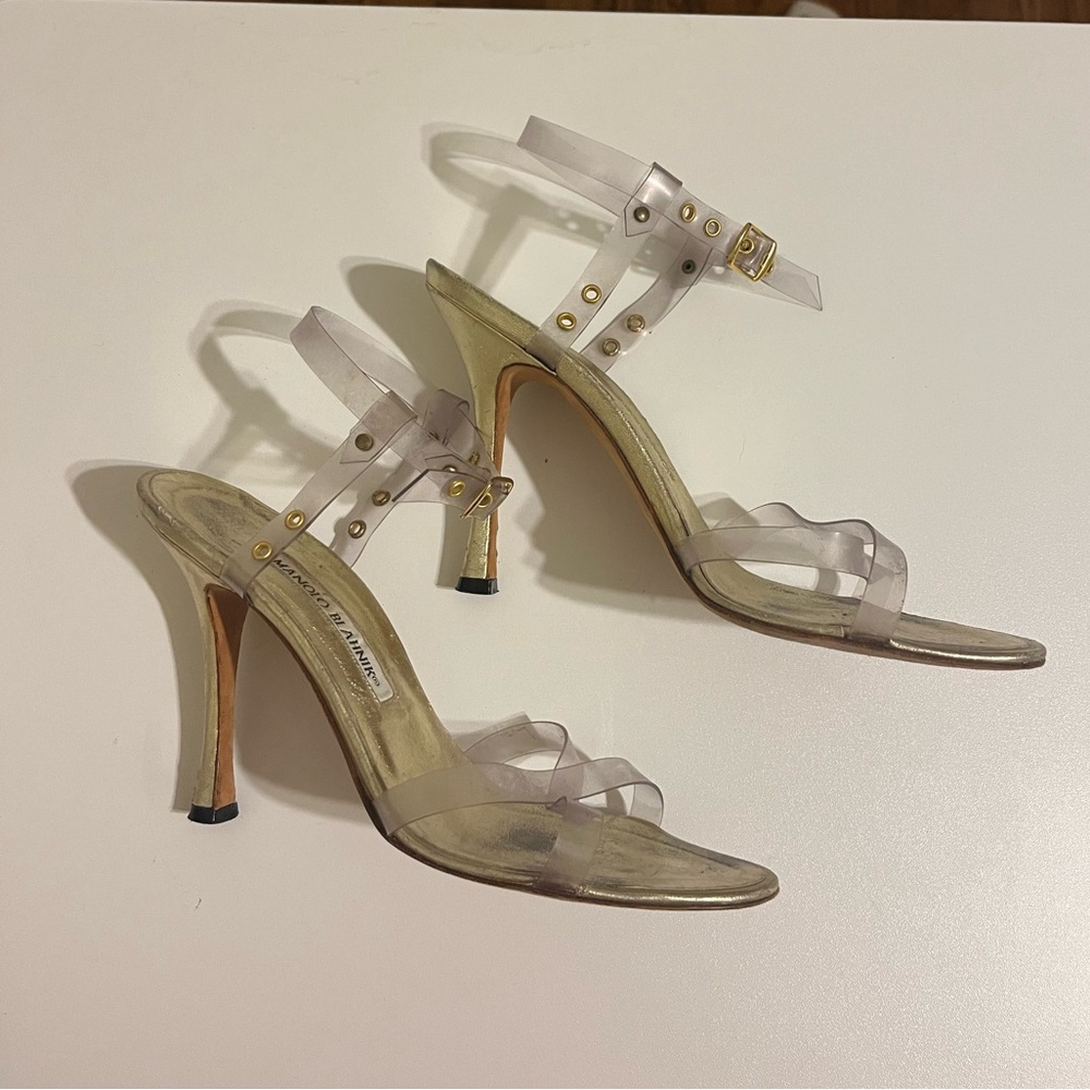 Vintage Gold Manolo Blahnik Heels with Clear PVC Straps